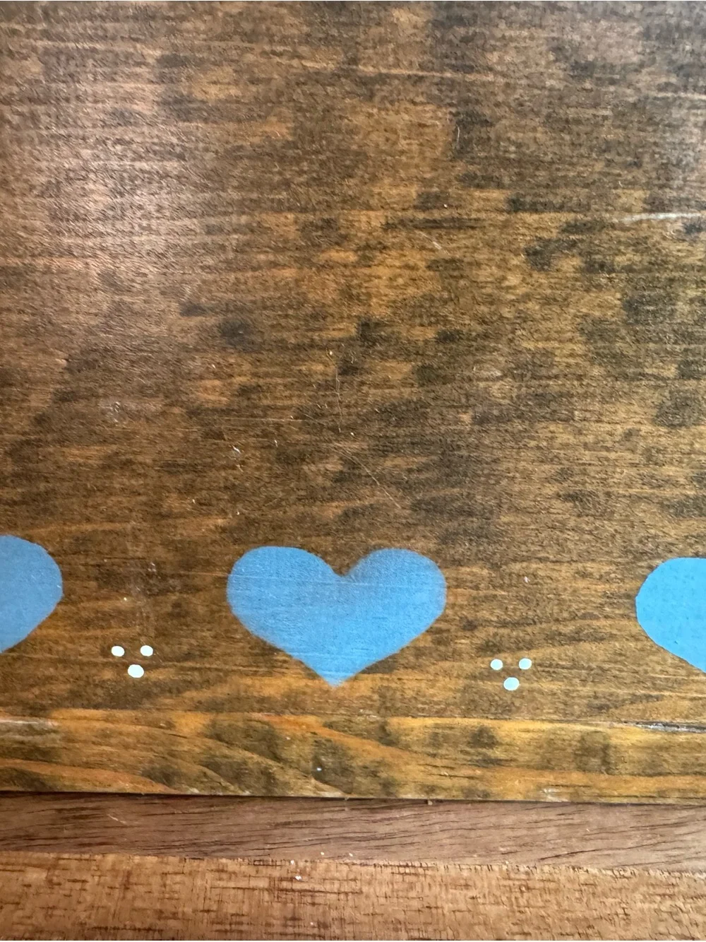 Rustic Wooden Storage Box with Blue Heart Trim